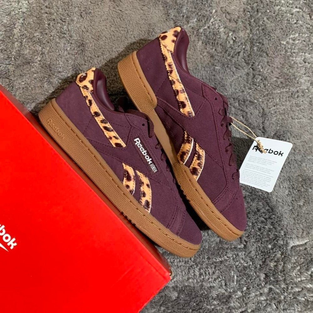 Reebok Club C 85 burgundy leopard print classy tennis trainers